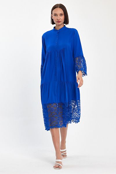 Denismoda Rochie midi pentru femei, cu mâneci și tiv, cu guler de judecător, cu detaliu din dantelă