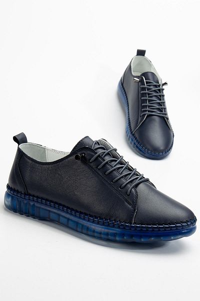 Dilimler Ayakkabı Orthopedic Genuine Leather Women's Shoes - Navy Blue with Clear Sole and Elastic Laces