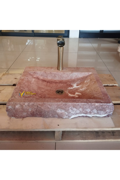 SİPAHİMARBLE Kırmızı Traverten Batarya Çıkışlı Kare Lavabo