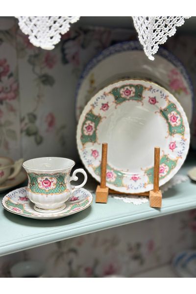 Bavaria Antique German Porcelain Bavaria with Green Flowers and Pink Roses - Double Coffee Size Cup Trio