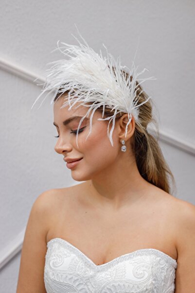 Turkuaz Gelin Saç Aksesuarı/ Düğün Nikah Tüylü Beyaz Taç