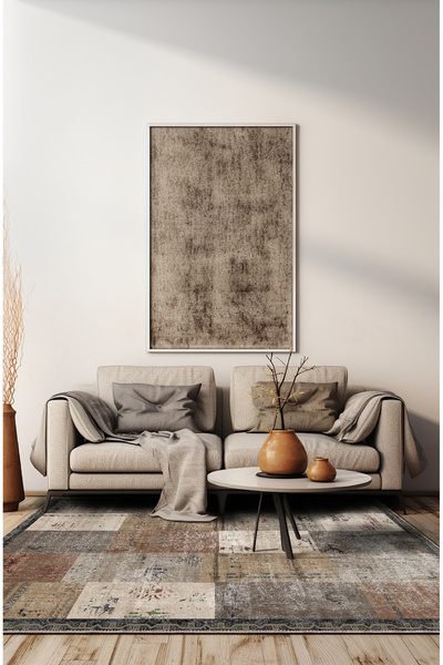 BigArts Home Kahverengi Soft Pastel Vintage Desenli Salon Halısı, Dokuma Taban Dekoratif Şönil Halı