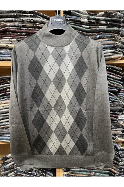 nacar çarşı Erkek Baba Koyu Gri Desenli İnce Yarım Balıkçı Boğazlı Triko Kazak