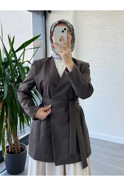 MELEK ARAZ Koyu Haki Kemer Detaylı Minimal Kimono Ceket
