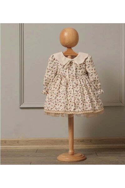 HELENEZKO Yaka Detaylı Çiçek Desenli Kız Bebek Müslin Elbise