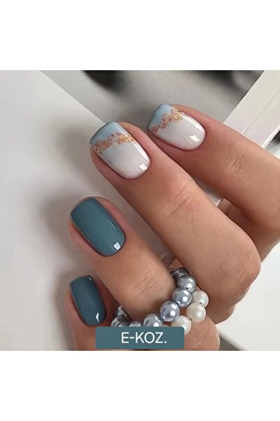 Butik Gökyüzü Desenli Altın Şerit Detaylı Kısa Kare 24'lü Takma Tırnak Seti