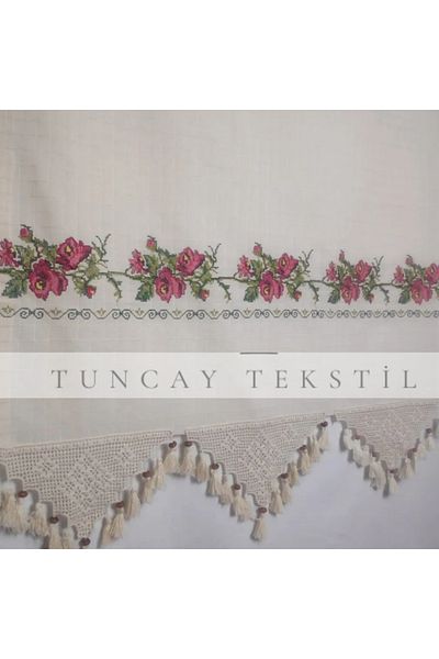 TUNCAY TEKSTİL Red Cross Stitched Cotton Hand Lace Woven Cross Stitch Sunshade Curtain Buldan Basement Work