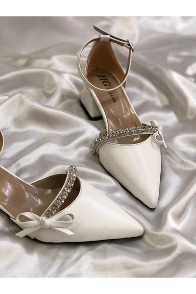 Hg Ayakkabı SVETA WHITE Rhinestone Bow Heeled SATIN SHOES