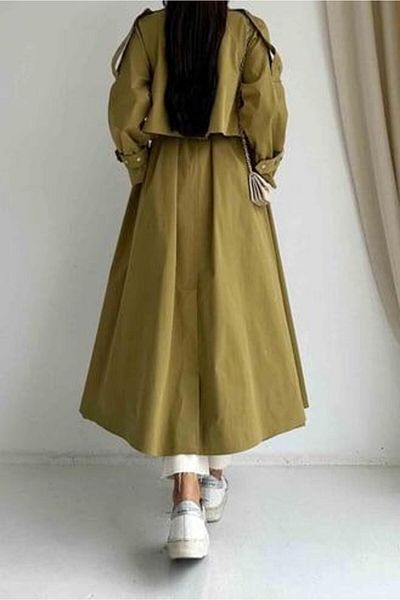 MELEK ARAZ Oil Green Front Clamshell Trench Coat with Snap Detail
