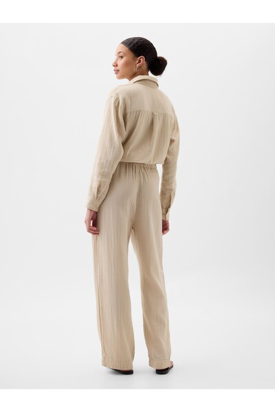 GAP Kadın Bej Mid Rise Gauze Wide-Leg Pull-On Pantolon
