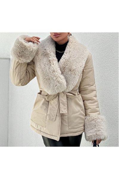 Universal Add Elegance to Cold Weather: Beige Winter Coat with Fluffy Fur Detail