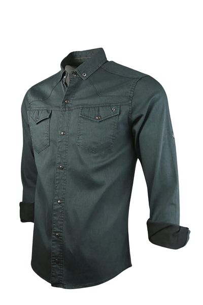 TARZZİNG Men's Long Sleeve Double Pocket Lycra Denim Shirt