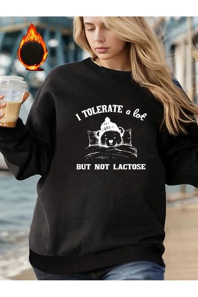 PALPİTO Дамски черен суитшърт с щампа на мече Tolerate Oversize