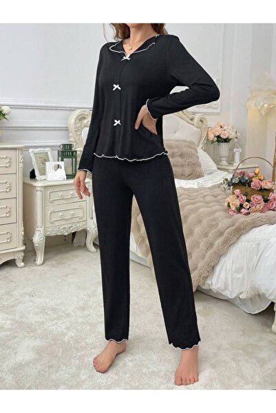 CSR HOMEWEAR Set de pijamale confortabile din viscoză Goodgirl Black Mini Bow - mânecă lungă