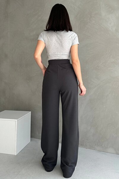 Maude Kadın Antrasit Yüksek Bel Krep Kumaş Likralı Rahat Kesim Cırtlı Palazzo Pantolon