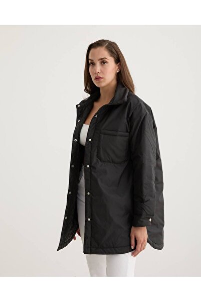 LEVURE Kadın ÇıtÇıt Kapama Detaylı Su Geçirmez Bomber Mont SİYAH