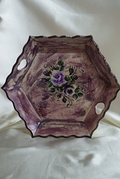 Hanımeli Girişimci Kadınlar Kooperatifi Mor Renk El Boyama Vintage El Boyama Doğal Ahşap Ekmek Sepeti Ve Peçetelik Birlikte