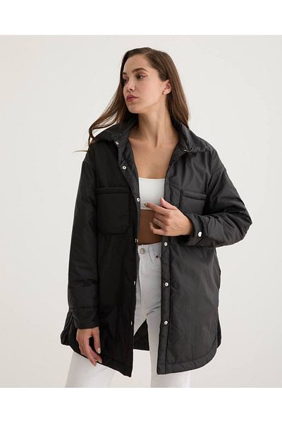 LEVURE Women's Waterproof Bomber Jacket with Snap Closure Detail Black
