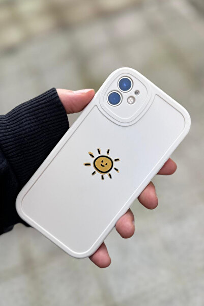 KVK PRİVACY İphone 12 Uyumlu Kılıf Güneş Desenli Darbelere Dayanıklı Kamera Korumalı Silikon Kapak Krem