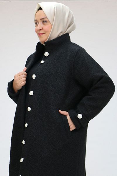 Eslina 43089 Large Size Dikyaka Filet Pocket Coat - Black