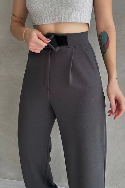 NO979 Women's Anthracite High Waist Crepe Fabric Lycra Relaxed Fit Velcro Palazzo Pants