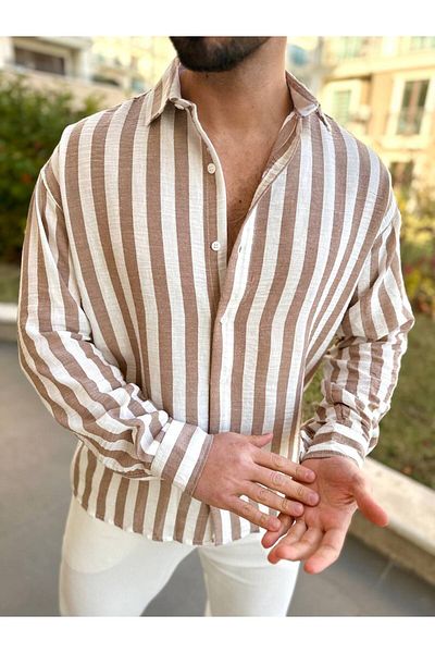 elkumoda Shirt Soft Textured Anti-Sweat Striped Linen Fabric Comfortable Fit Italian Collar Linen Shirt