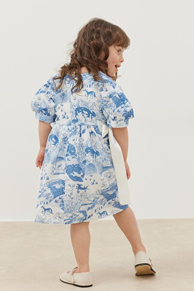 Fahhar Kids Nervürlü Elbise Mavi Desenli