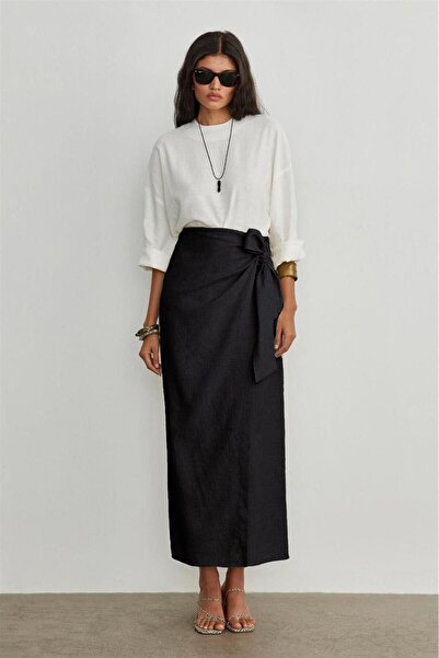 Avakado Side Tie Linen Blended Lined Skirt - Does Not Show Inside