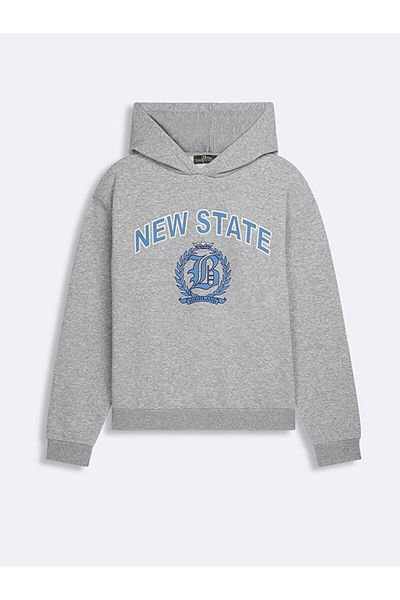 Ltb Printed Hooded Zipperless Regular Fit Gray Sweatshirt
