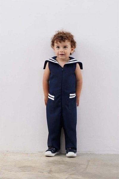 Fahhar Kids Children's Sailor Collar Jumpsuit Navy Blue