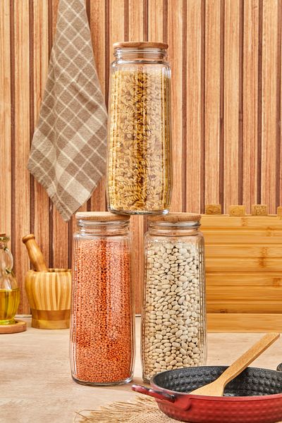 FBZhome 1500 ml Striped Glass Storage Container with 3 Leak-Proof Wooden Lids