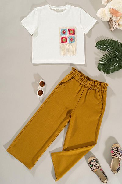 for you kids Mustard Lace Trousers Set - Pocket Detail