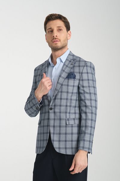Frappoli Мъжко тъмносиньо карирано спортно яке Sanofi Slim Fit с моно яка