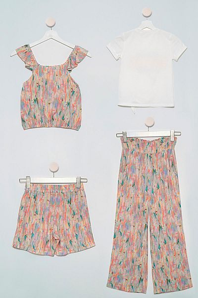 for you kids 4-Piece Patterned Blouse Tshirt Trousers Shorts Ecru Set