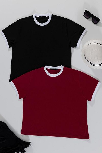 FOR YOU MODA 2-Piece Garnished Burgundy Black Tshirt