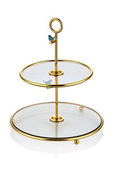 Cemile Gold Plated 2 Layer Blue Serving Set with Birds
