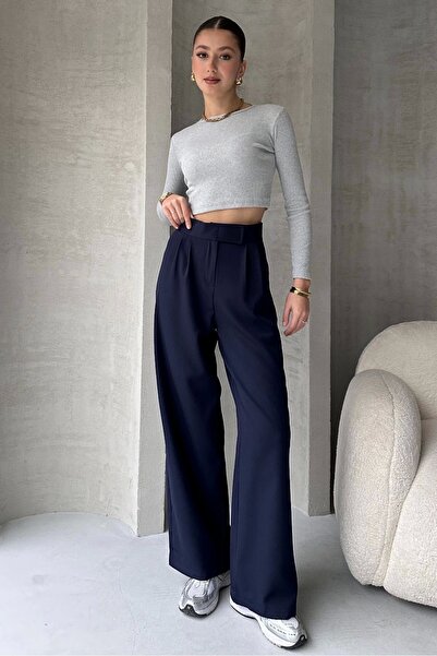 PALAZZO Lacivert Cırtlı Yüksek Bel Ayarlanabilir Bel Bol Paça