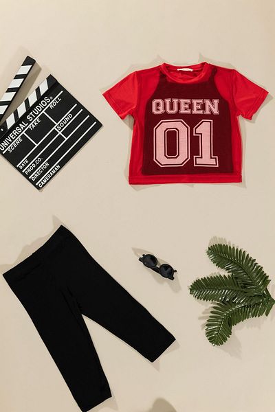 for you kids Queen Printed Black T-Shirt and Athlete Leggings - Set of 3
