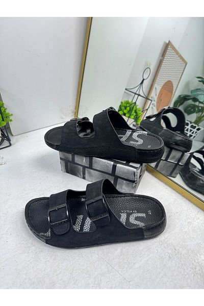 Nstil Casual Men's Black Slippers Adjustable Buckle Stitching Detail Comfortable Sole Oval Toe Sandals 2002