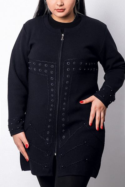 Laden Navy Blue Pearl Knitwear Cardigan - Embroidery Detailed, Zippered, Long Winter Mother Sweater