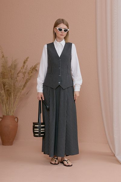 Fatma Atasoy Striped Cotton Anthracite Vest Skirt Set