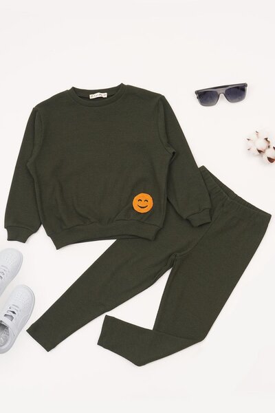 for you kids Set de jos și de sus verde cu colanți brodați Emoji