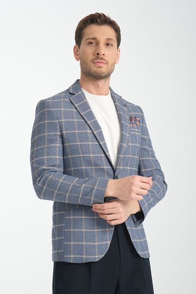 Frappoli Ανδρικό μπουφάν Vestore Navy Blue καρό Slim Fit Mono Collar Sports Blazer