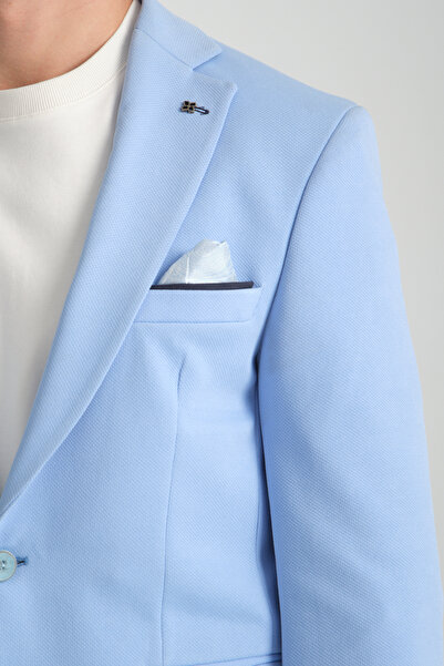 Frappoli Bortolo Erkek Buz Mavi Örme Esneyen Likralı Mono Yaka Slim Fit Spor Blazer Ceket
