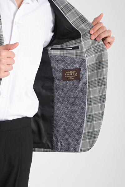 Frappoli Uche Erkek Siyah Ekose Desenli Slim Fit Mono Yaka Blazer Ceket