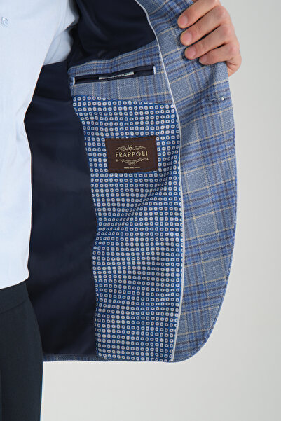 Frappoli Uche Erkek İndigo Ekose Desenli Slim Fit Mono Yaka Blazer Ceket