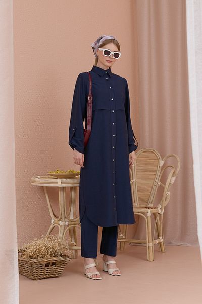 Fatma Atasoy Navy Blue Flare Cotton Pants