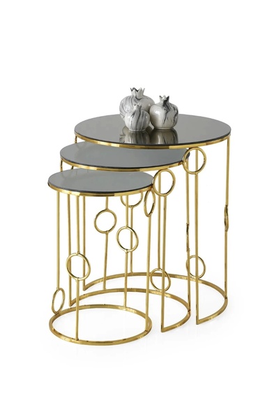 Evistro Yuvarlak Cam Zigon Sehpa 3 lü LVNT Gold Kaplama Bronz Cam