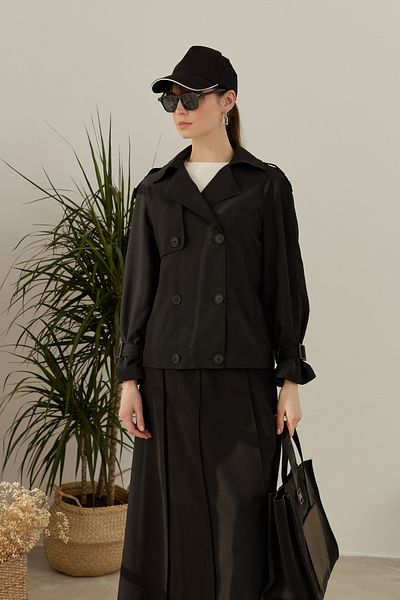 Fatma Atasoy Midi Trench Jacket with Sleeve Epaulettes Black