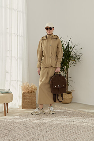 Fatma Atasoy Stoperli Midi Yağmurluk Trenç Sütlü Kahve